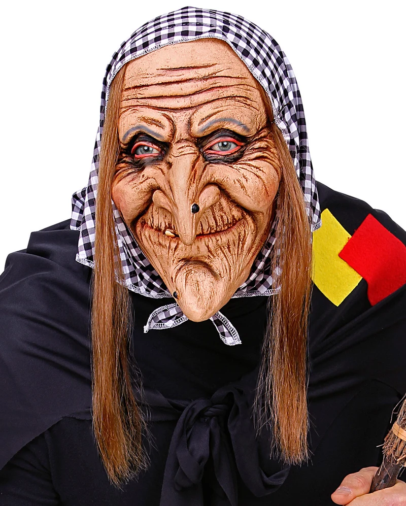 Hexenmaske mit Kopftuch & Haaren