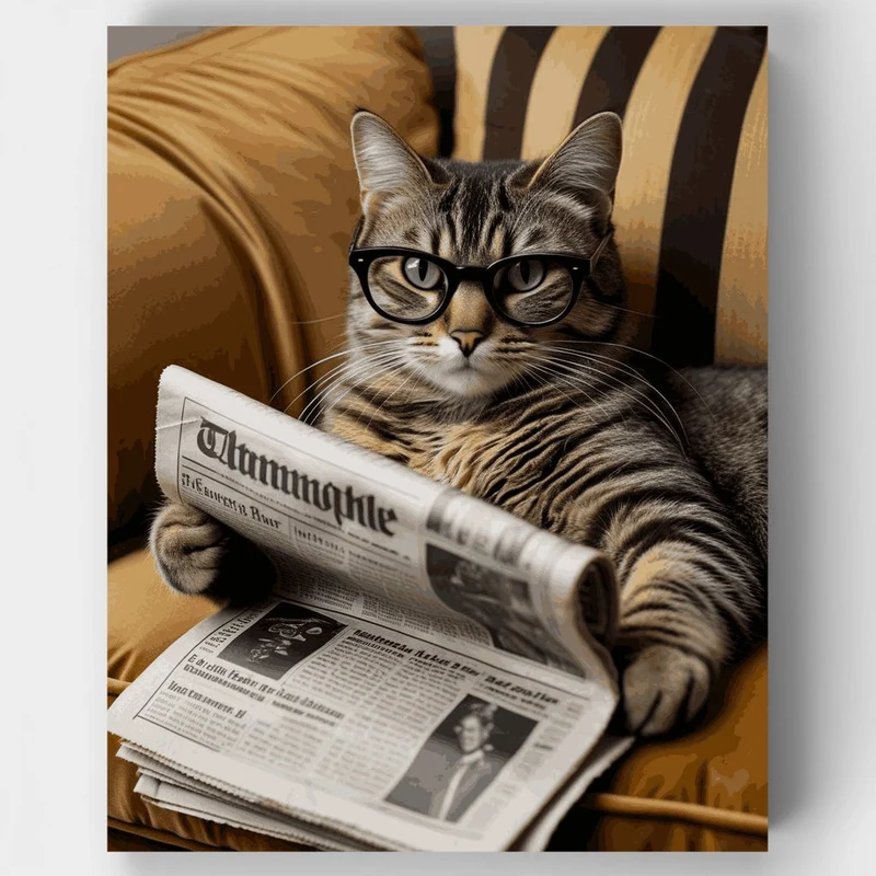 Intellectual Cat Reading Newspaper - Paint by Numbers Kit