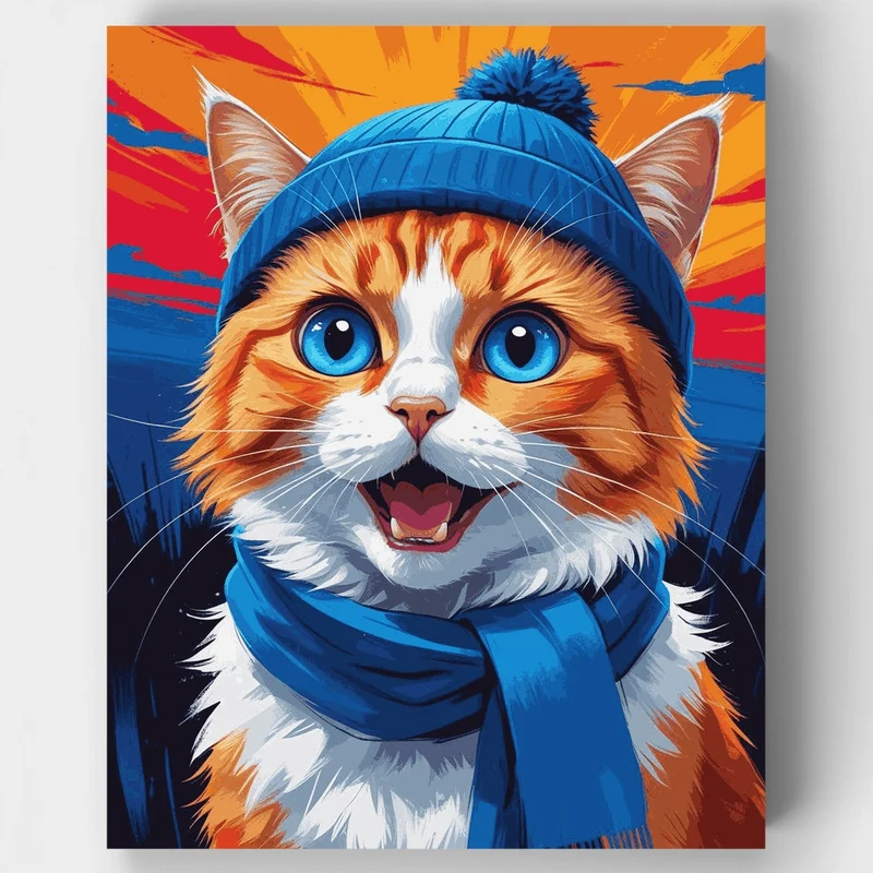 Cheerful Cat in Winter Beanie - Paint by Numbers Kit