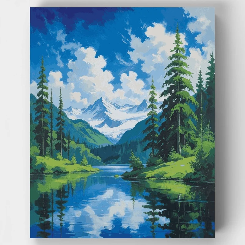 Pristine Alpine Lake with Glacier Mountains - Paint by Numbers Kit