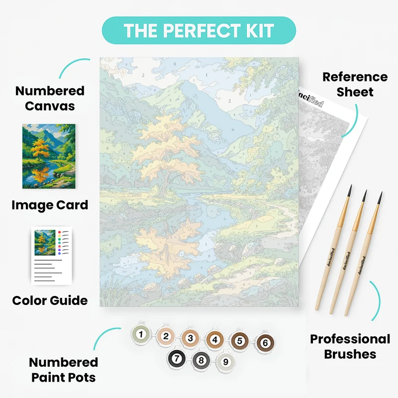 Mountain River Valley with Golden Tree - Paint by Numbers Kit