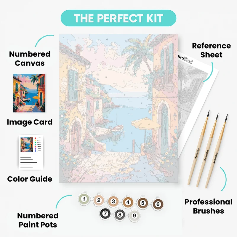 Mediterranean Waterfront Paradise with Palm Trees - Paint by Numbers Kit