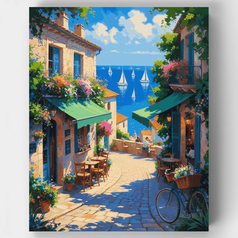 Mediterranean Coastal Village Cafe - Paint by Numbers Kit