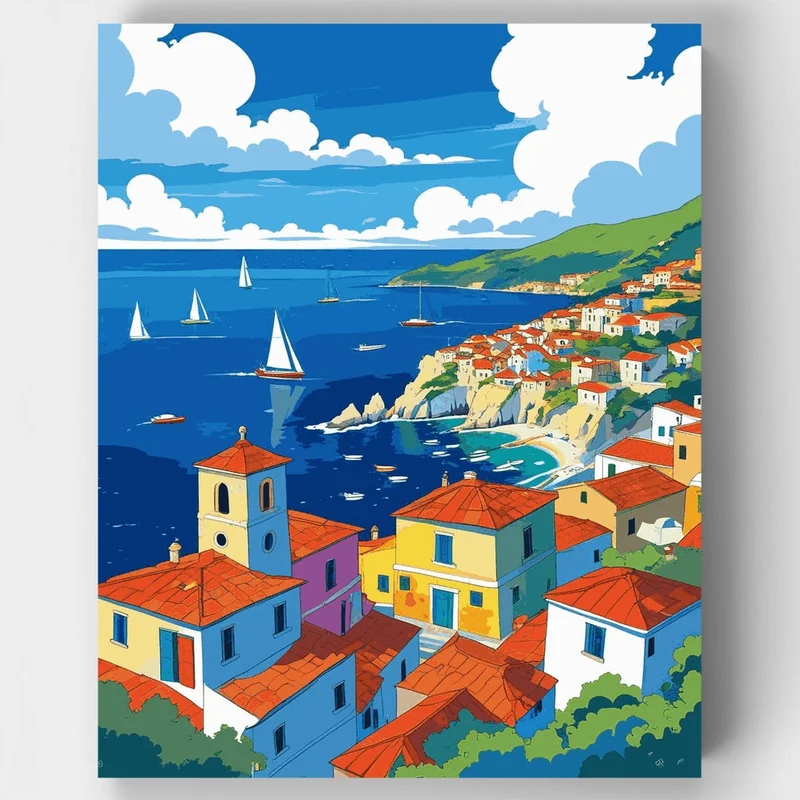 Picturesque Mediterranean Hillside Town with Sailboats - Paint by Numbers Kit