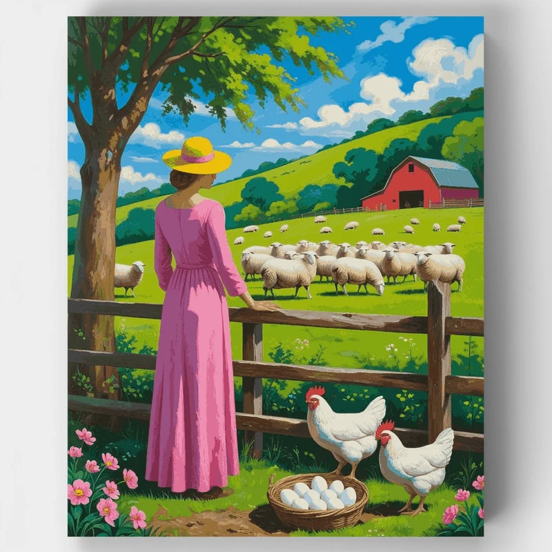 Pastoral Farm Life with Woman and Sheep - Paint by Numbers Kit