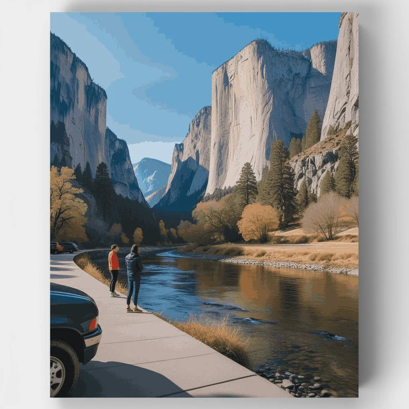 Yosemite Valley Visitors by Merced River - Paint by Numbers Kit