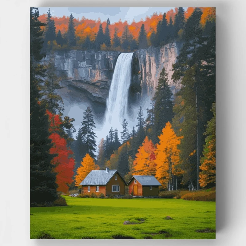 Autumn Waterfall Cabin Retreat - Paint by Numbers Kit