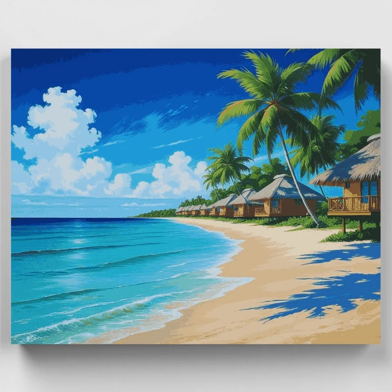 Tropical Beach Bungalows Paradise - Paint by Numbers Kit