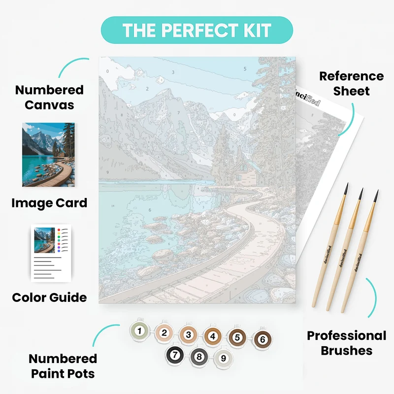 Lakeside Mountain Cabin with Wooden Boardwalk - Paint by Numbers Kit