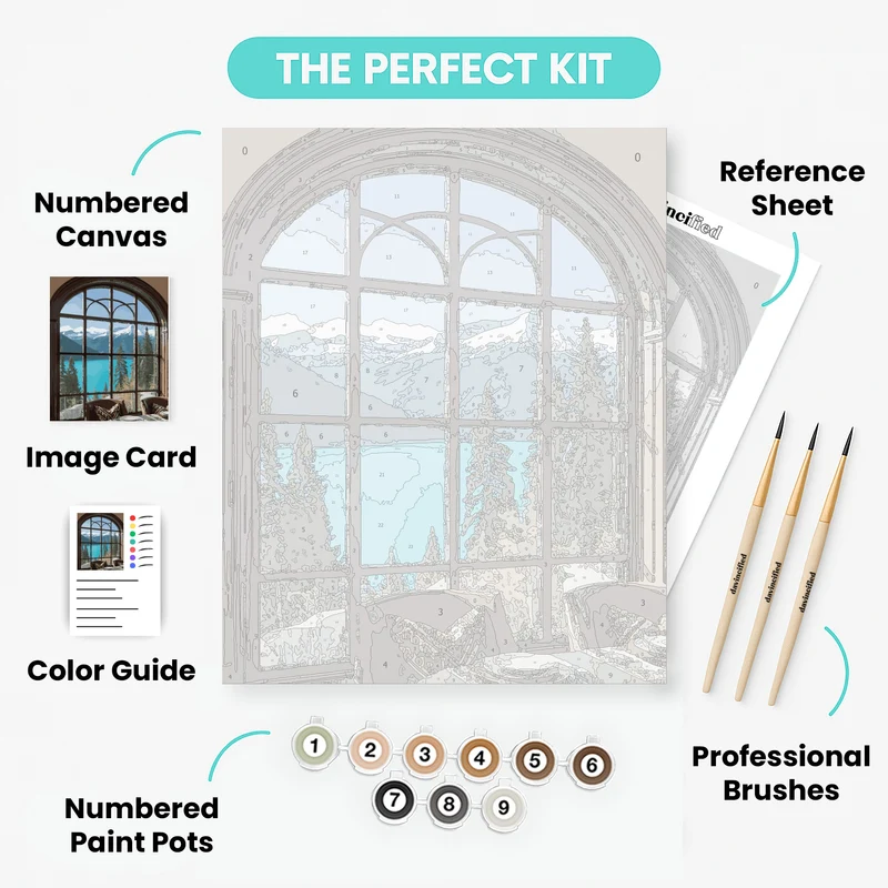 Mountain Lake View Through Arched Window - Paint by Numbers Kit
