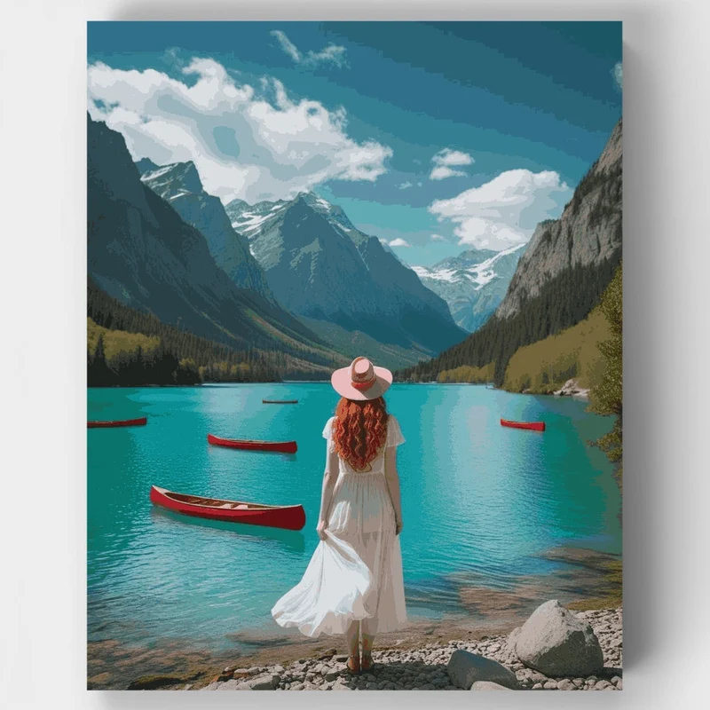 Woman in White Dress by Mountain Lake - Paint by Numbers Kit