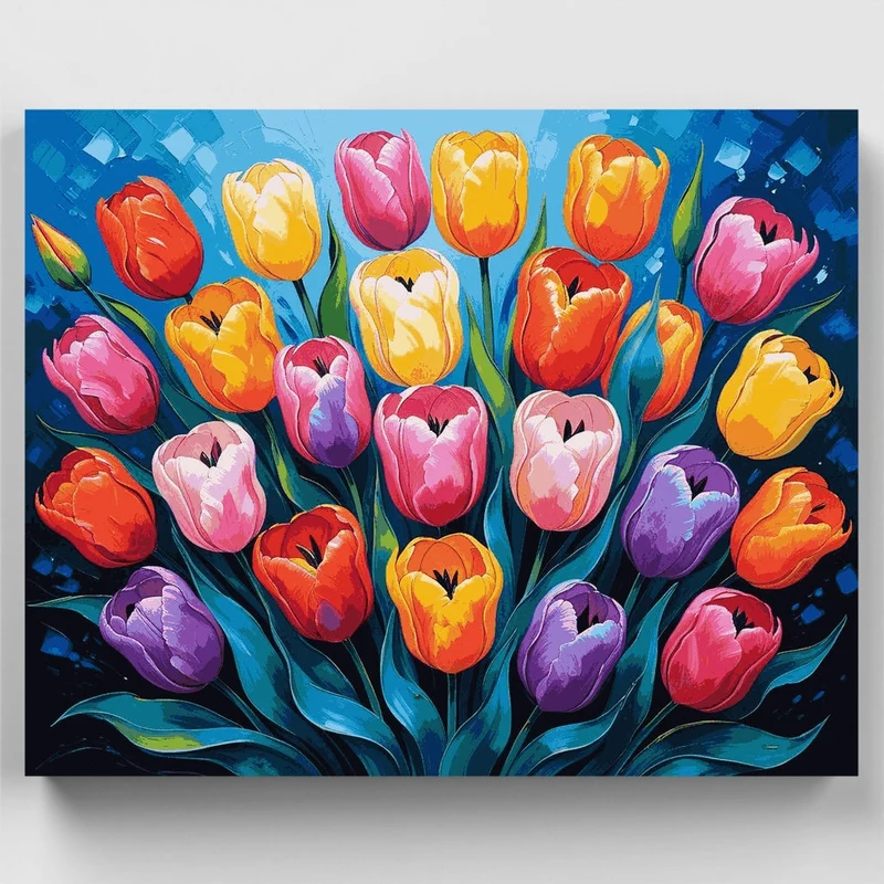Colorful Tulips on Blue Background - Paint by Numbers Kit