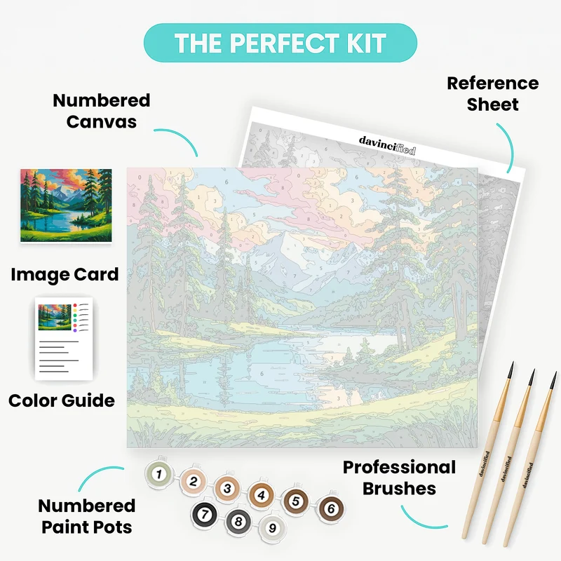 Mountain Lake Paradise with Evergreen Forest - Paint by Numbers Kit