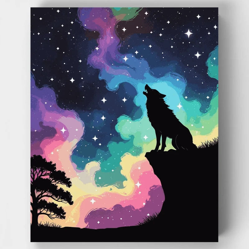 Wolf Howling Under Aurora Borealis - Paint by Numbers Kit