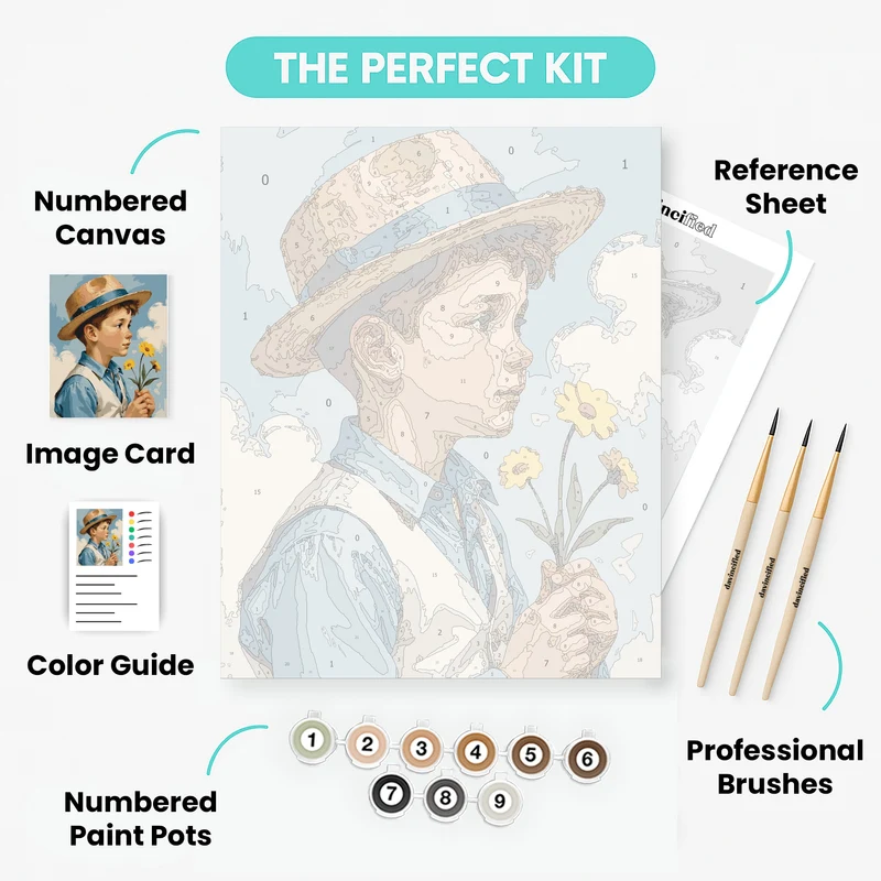 Boy with Straw Hat Holding Yellow Flowers - Paint by Numbers Kit