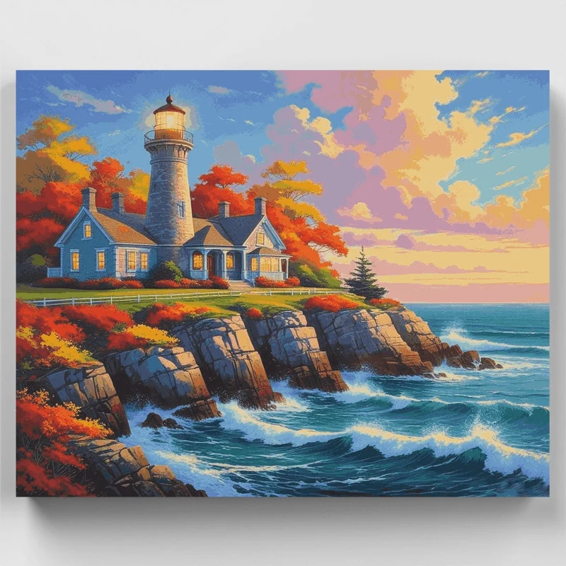 Autumn Lighthouse on Rocky Cliffs - Paint by Numbers Kit