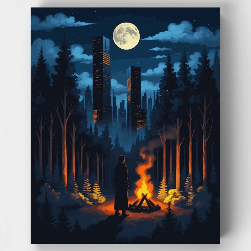 Moonlit Forest Campfire with City Skyline - Paint by Numbers Kit