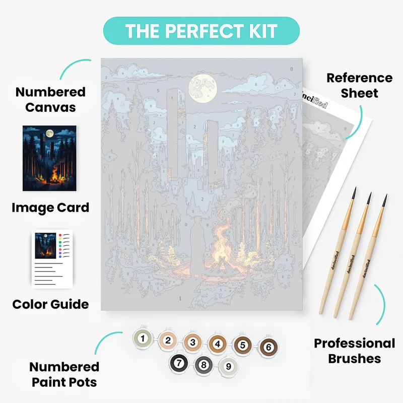 Moonlit Forest Campfire with City Skyline - Paint by Numbers Kit