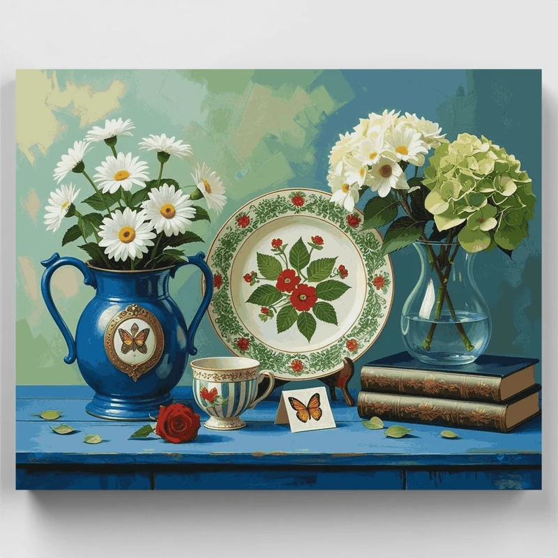 Vintage Still Life with Flowers and China - Paint by Numbers Kit