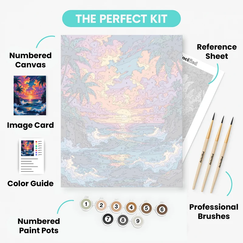 Tropical Sunset Cove with Palm Trees - Paint by Numbers Kit
