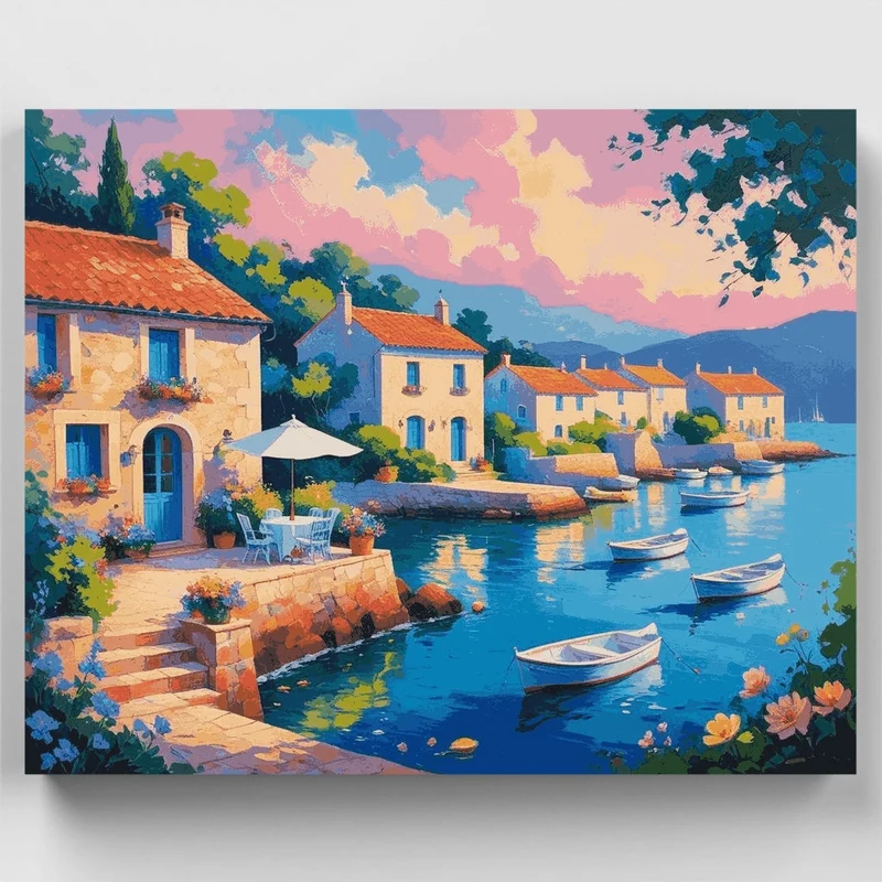 Mediterranean Harbor Village Sunset - Paint by Numbers Kit