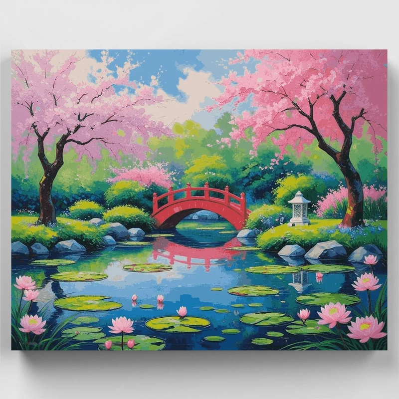 Japanese Garden with Cherry Blossoms and Lotus Pond - Paint by Numbers Kit