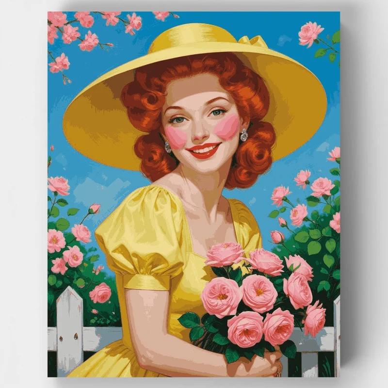 Vintage Garden Lady with Pink Roses - Paint by Numbers Kit