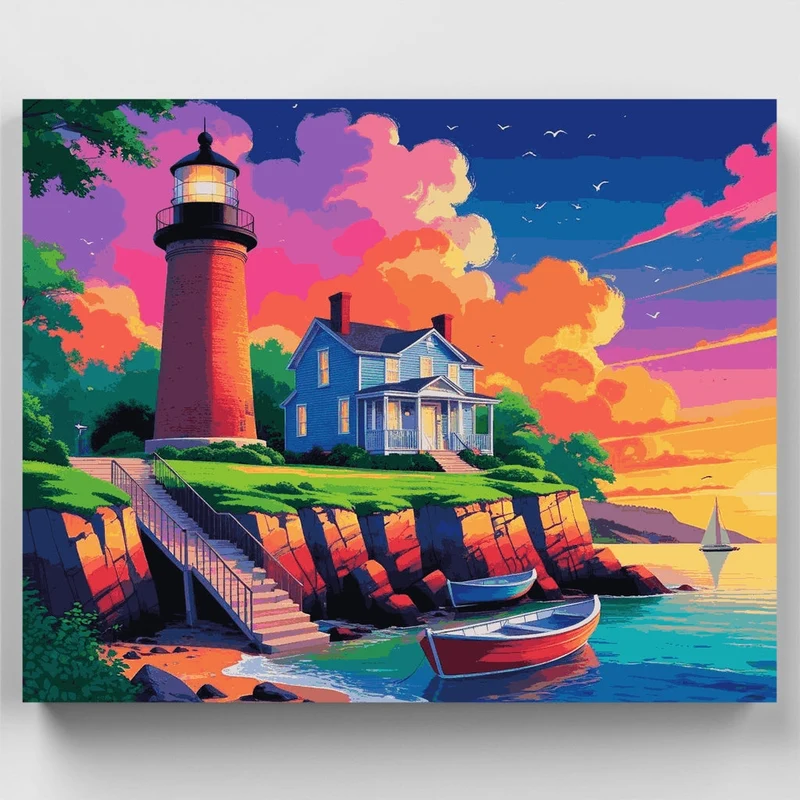 Vibrant Coastal Lighthouse Village - Paint by Numbers Kit