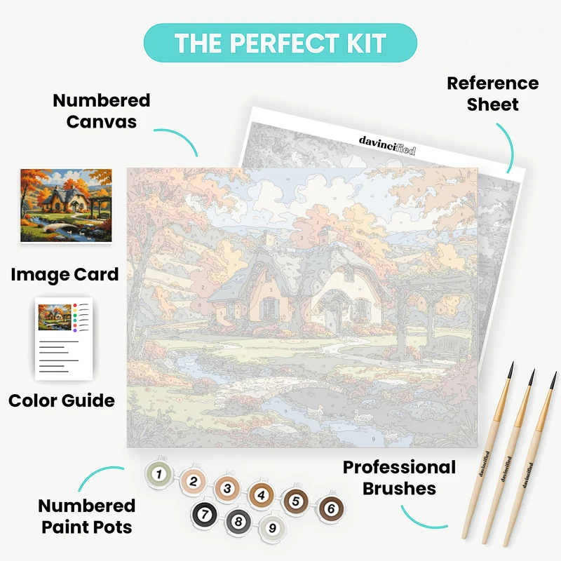 Charming Thatched Cottage Autumn Scene - Paint by Numbers Kit