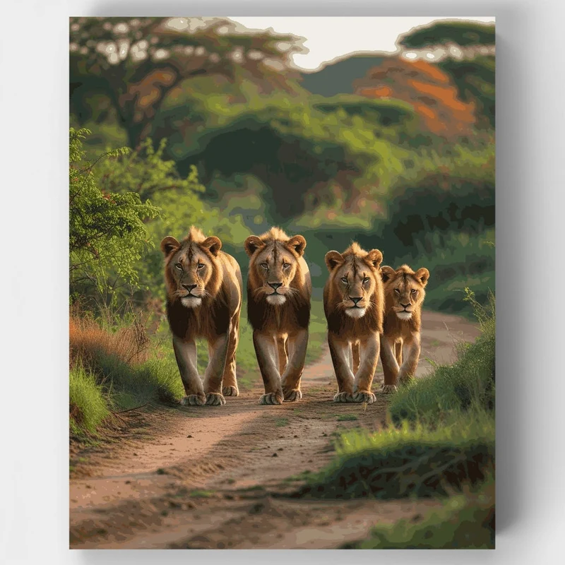 Lions Walking on Safari Path - Paint by Numbers Kit