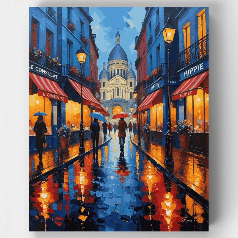 Rainy Paris Street with Sacré-Cœur Basilica - Paint by Numbers Kit