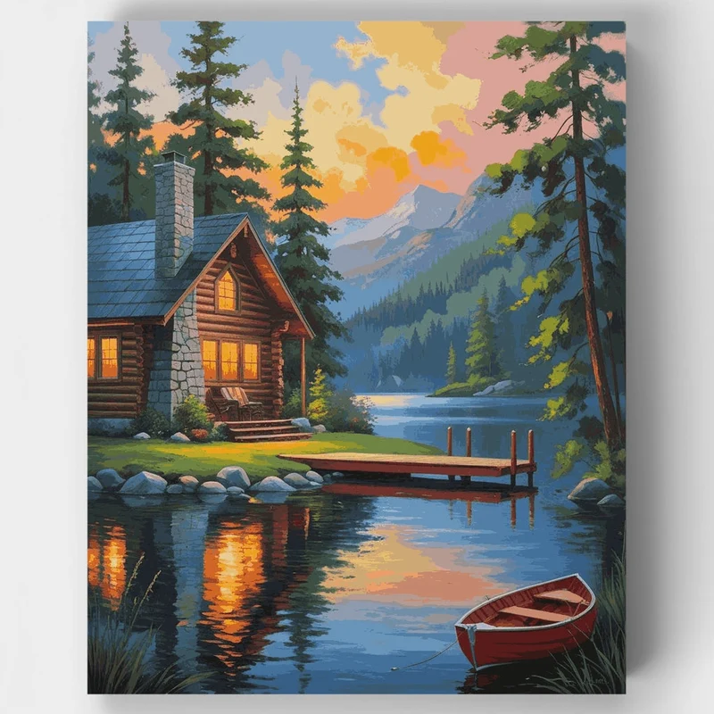 Mountain Lake Log Cabin Sunset - Paint by Numbers Kit
