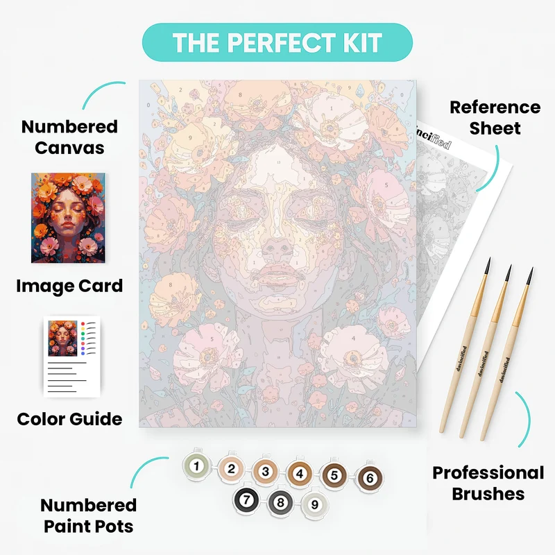 Floral Portrait Woman with Vibrant Blooms - Paint by Numbers Kit