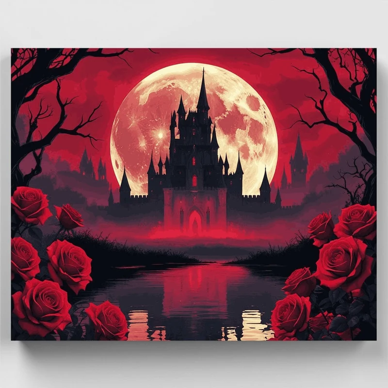 Gothic Castle Under Blood Moon with Red Roses - Paint by Numbers Kit