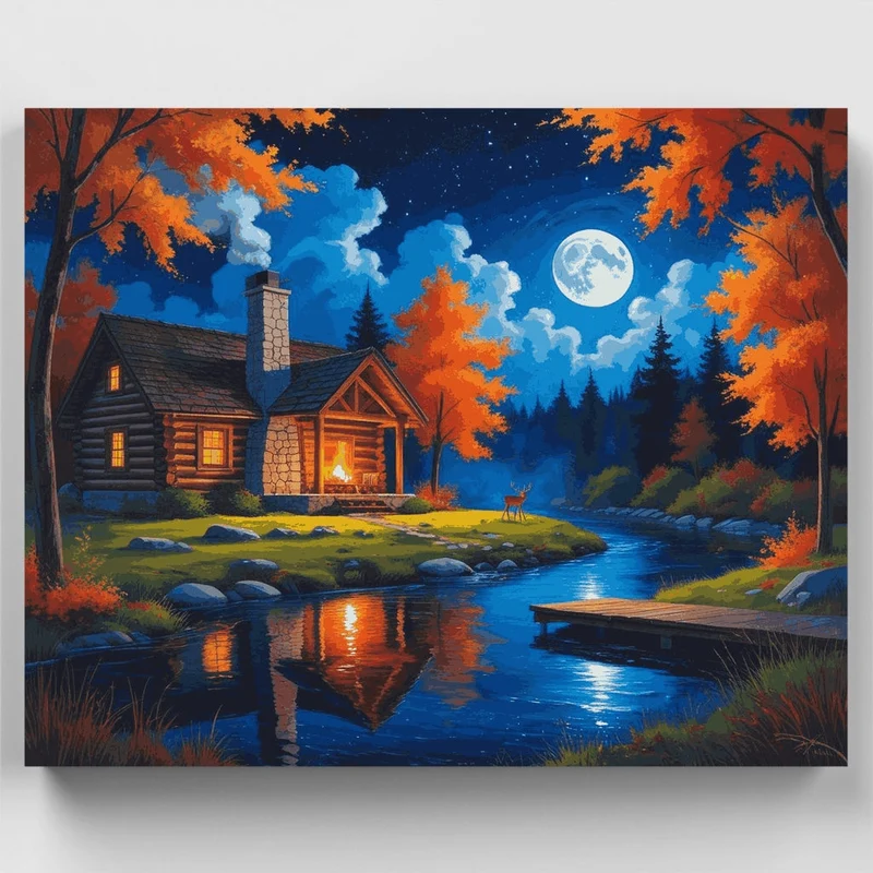 Cozy Autumn Cabin by the Lake - Paint by Numbers Kit