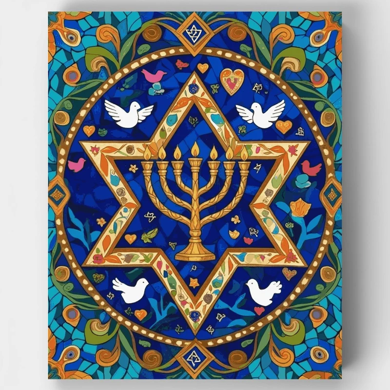 Jewish Star of David with Menorah Stained Glass - Paint by Numbers Kit