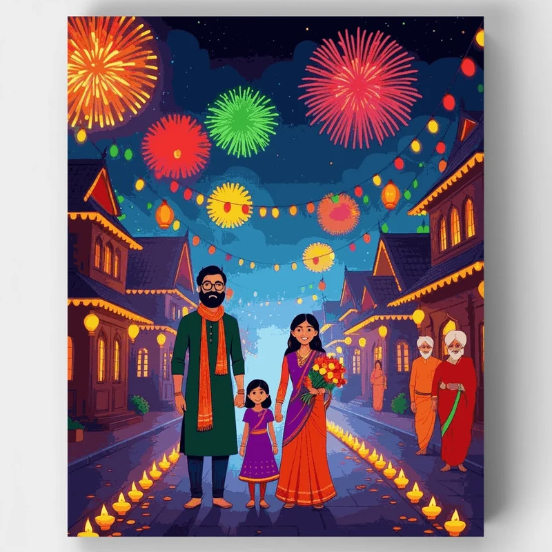 Diwali Family Celebration with Fireworks - Paint by Numbers Kit