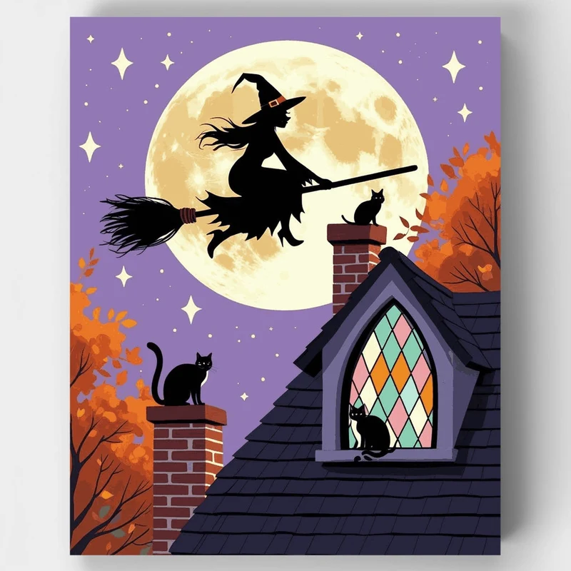 Witch Flying Over Moonlit Village - Paint by Numbers Kit