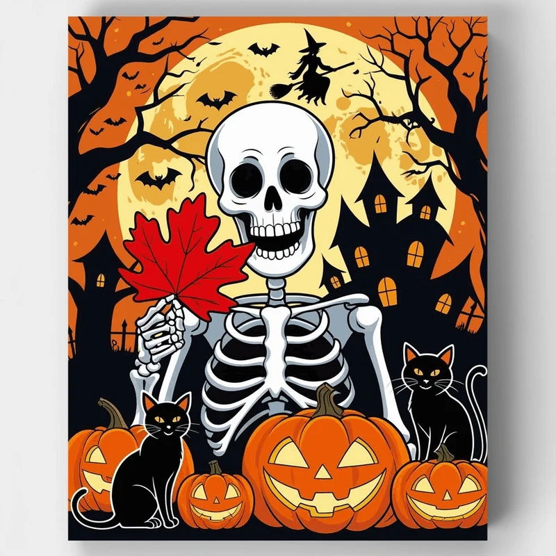 Halloween Skeleton with Pumpkins and Black Cats - Paint by Numbers Kit