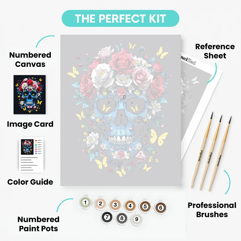 Blue Sugar Skull with Colorful Flowers - Paint by Numbers Kit
