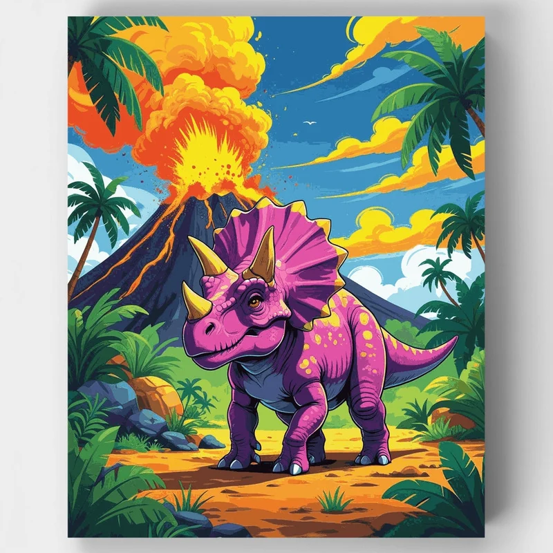 Colorful Triceratops in Prehistoric Paradise - Paint by Numbers Kit