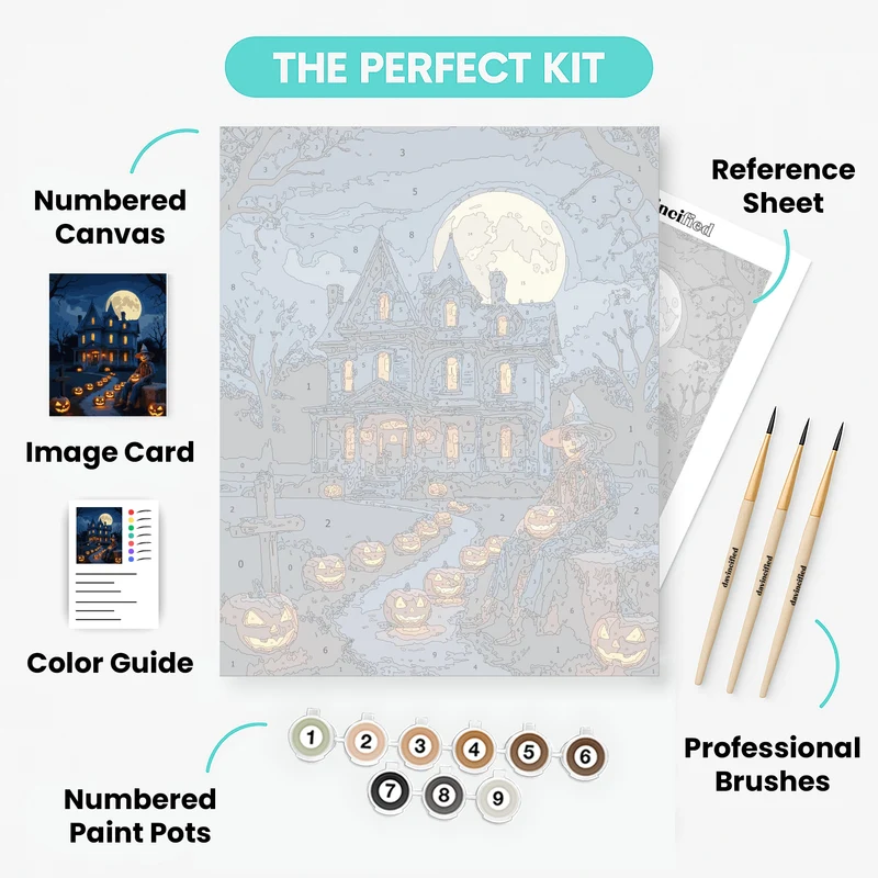 Halloween House with Pumpkins and Scarecrow - Paint by Numbers Kit