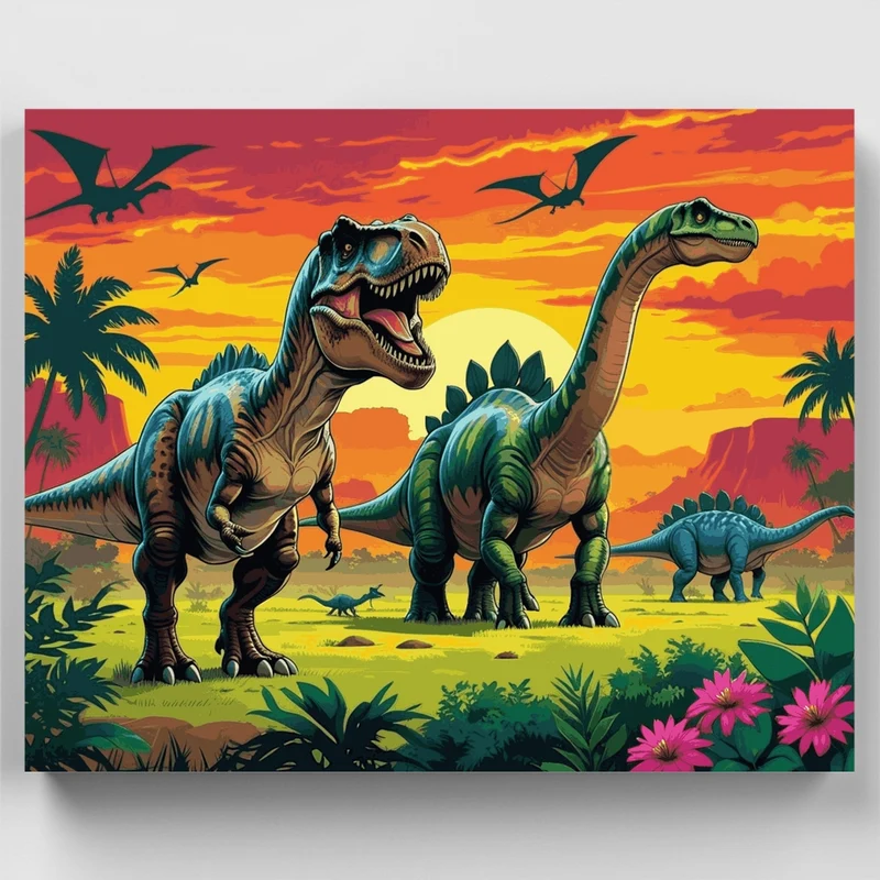 Jurassic Sunset Dinosaur Scene - Paint by Numbers Kit