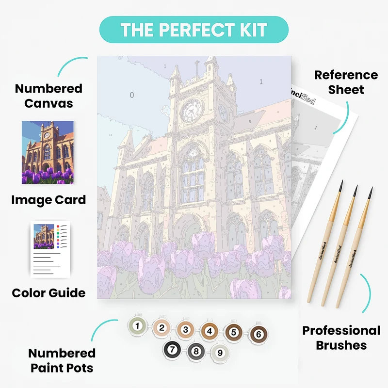 Gothic Cathedral with Purple Tulips - Paint by Numbers Kit