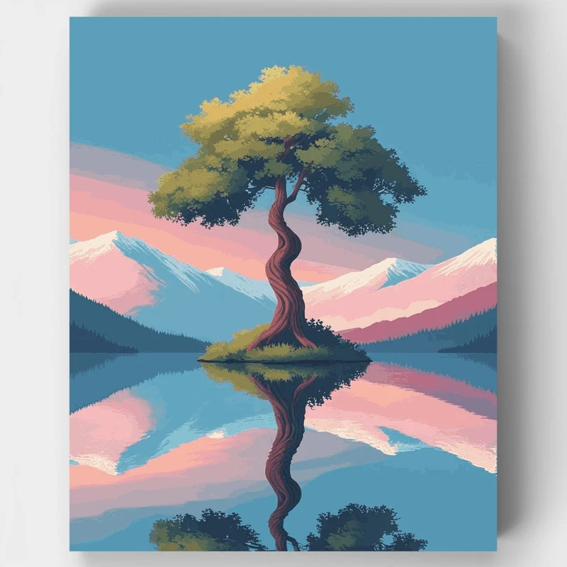 Mystical Twisted Tree Mountain Reflection - Paint by Numbers Kit
