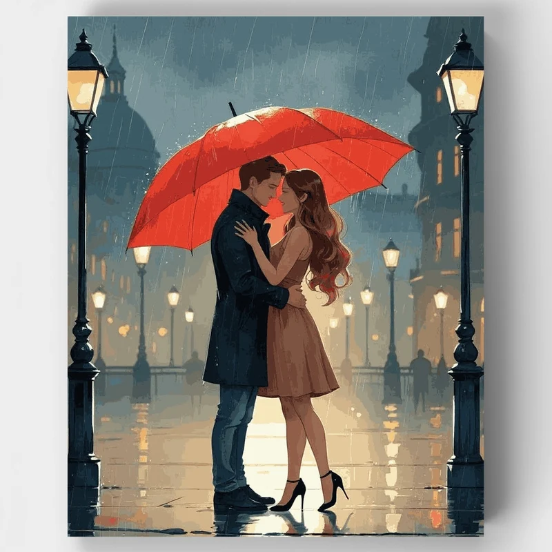 Romantic Couple Under Red Umbrella in Rain - Paint by Numbers Kit