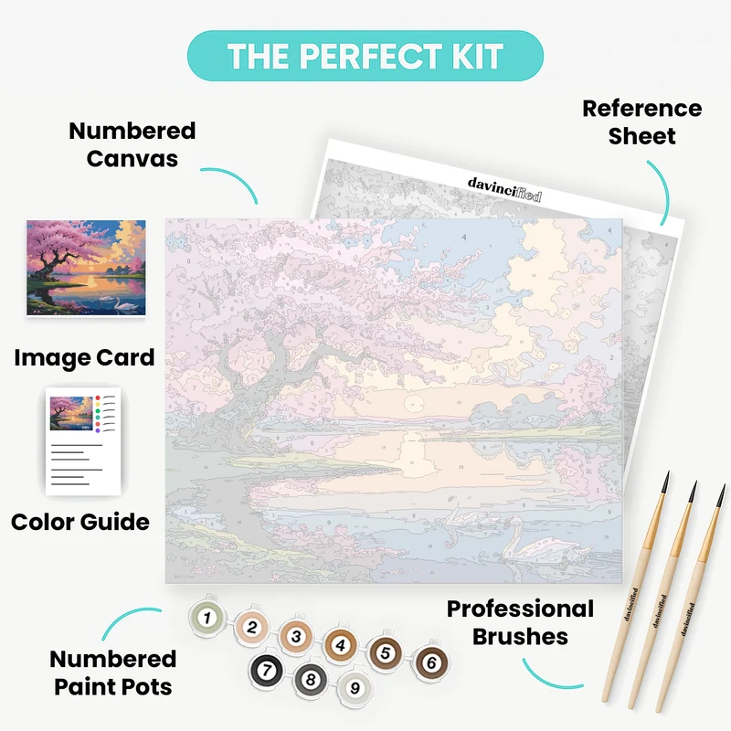Cherry Blossom Sunset Lake with Swans - Paint by Numbers Kit