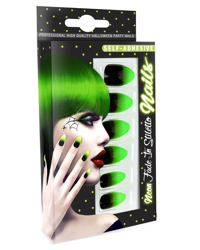 Stiletto Fingernägel Neongrün / Schwarz 12 St.