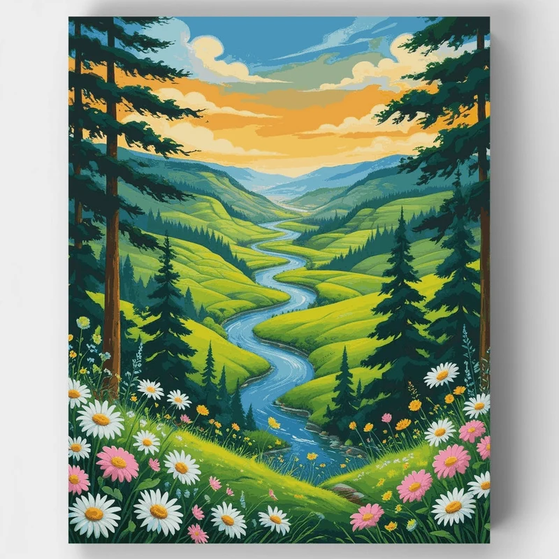 Mountain Valley River Landscape - Paint by Numbers Kit