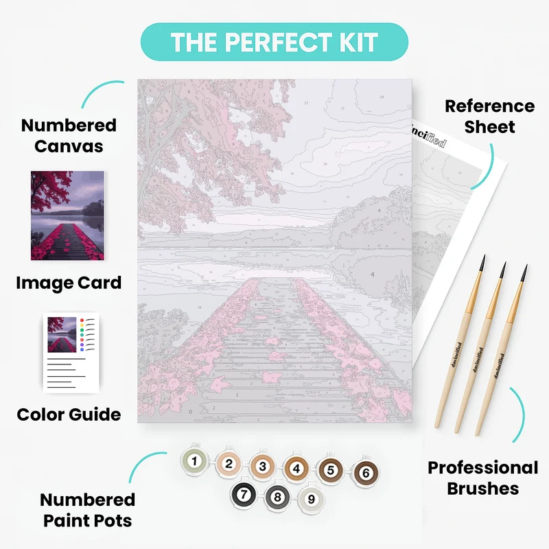 Autumn Lake Dock with Pink Maple Leaves - Paint by Numbers Kit
